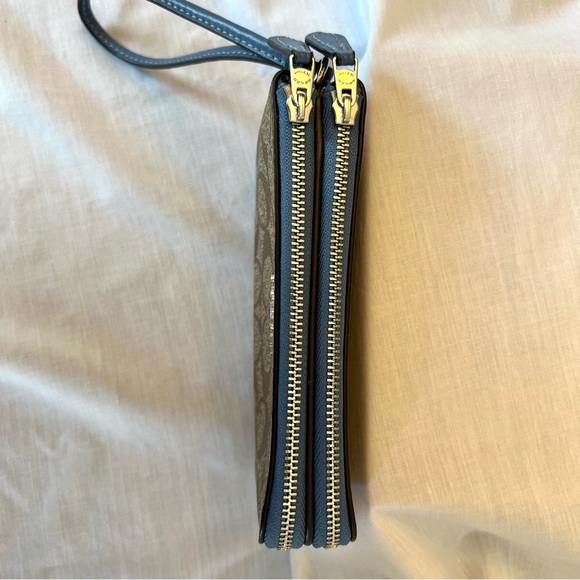Coach Tan Double Corner Zip Wristlet in Signature Canvas & Blue Fabric Interior - Picture 4 of 14